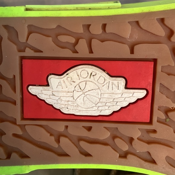 Air Jordon Beige Suede Lace Up High Tops with Neon Green Soles - Picture 7 of 11